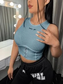 SHEIN SXY 字母刺繡按扣背心上衣 - 藍色 - 查看 3