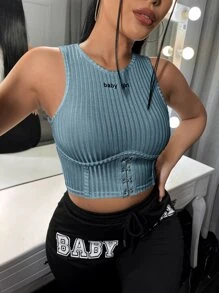 SHEIN SXY 字母刺繡按扣背心上衣 - 藍色 - 查看 5