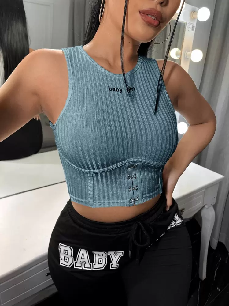 SHEIN SXY Letter Embroidery Popper Tank Top - Blue - View 5