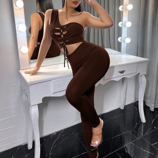 

Solid One Shoulder Lace Up Jumpsuit, Chocolate brown