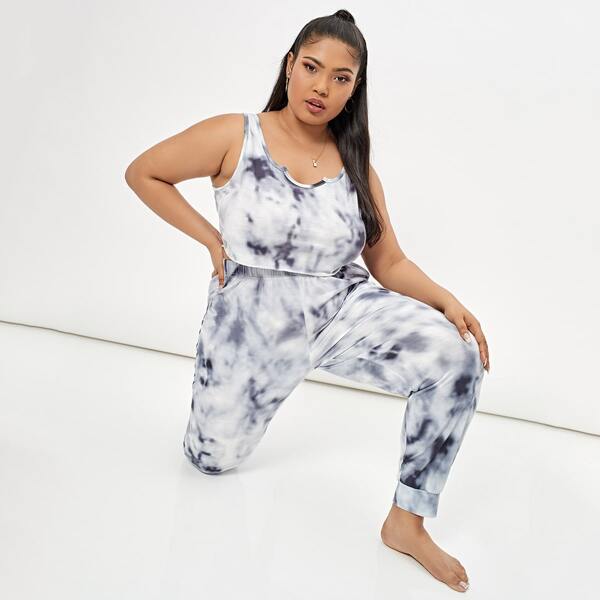 

Plus All Over Tie Dye Print Pajama Set, Multicolor