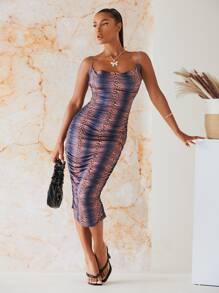 SHEIN 豹紋印花後背繫帶緊身連衣裙 - 彩色 - 查看 1
