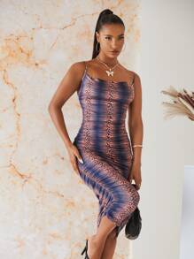 SHEIN 豹紋印花後背繫帶緊身連衣裙 - 彩色 - 查看 5