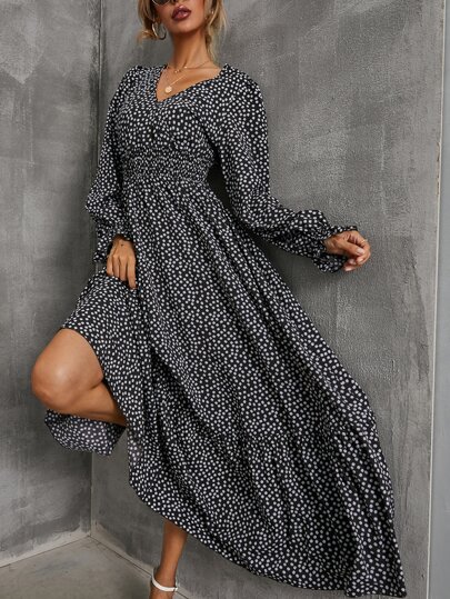 EMERY ROSE Robe longue à manches volantées imprimée de fleurs marguerite, à fronces pour femmes