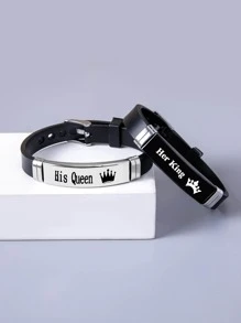 Hombres 2 piezas Pulsera con diseño de letra - Negro - Ver 2