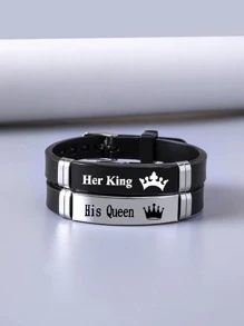 Hombres 2 piezas Pulsera con diseño de letra - Negro - Ver 3