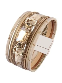 Rhinestone Decor PU Leather Bracelet - Khaki - View 1