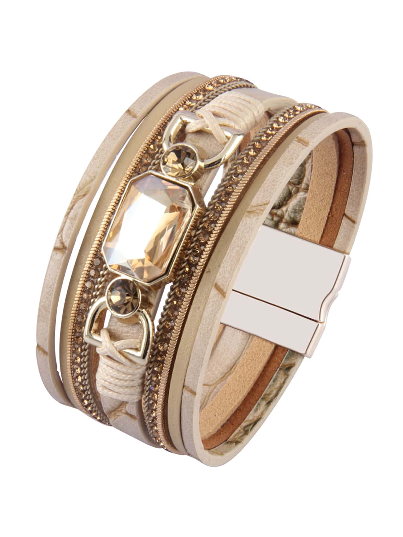 Rhinestone Decor PU Leather Bracelet - Khaki - View 1