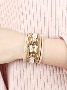 Rhinestone Decor PU Leather Bracelet - Khaki - View 2