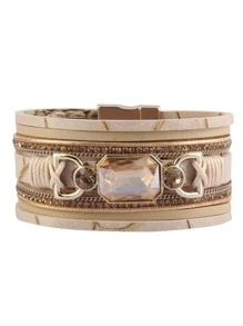 Rhinestone Decor PU Leather Bracelet - Khaki - View 6