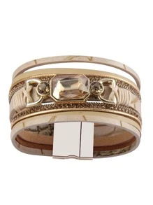 Rhinestone Decor PU Leather Bracelet - Khaki - View 7