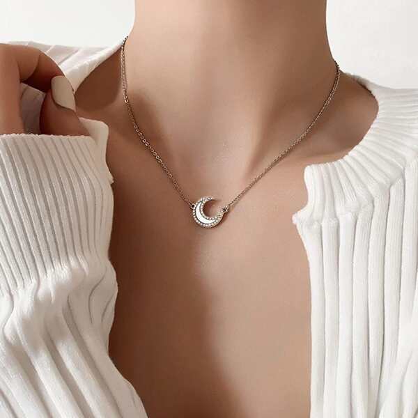 

Rhinestone Moon Decor Necklace, Silver
