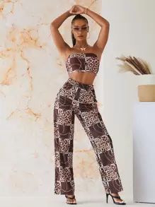 SHEIN VCAY Quần Chuỗi Ren lên Tất cả trên in Boho - Cà phê nâu - Xem 5