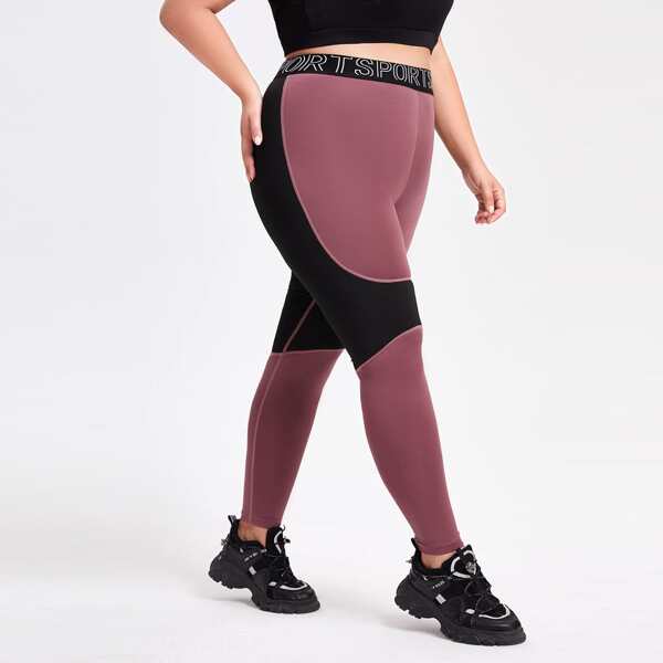 

Plus Letter Tape Two Tone Sports Leggings, Multicolor