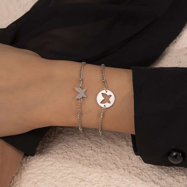 

2pcs Butterfly Decor Bracelet, Silver