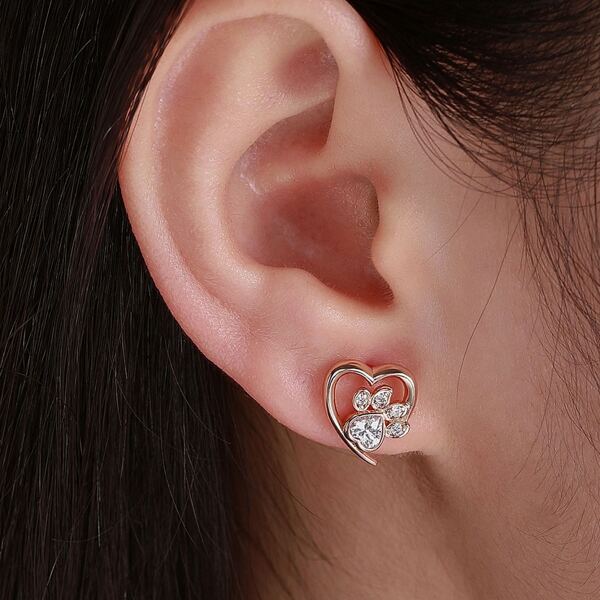 

18K Gold Plated Zircon Paw Decor Heart Stud Earrings