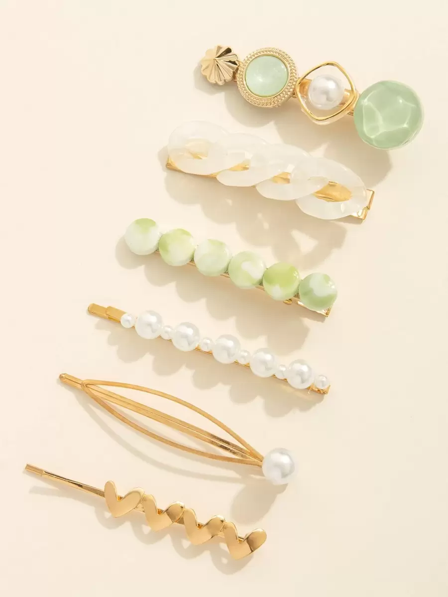6 cái Faux Pearl & Chain Decor Hair Clip - Nhiều màu - Xem 1