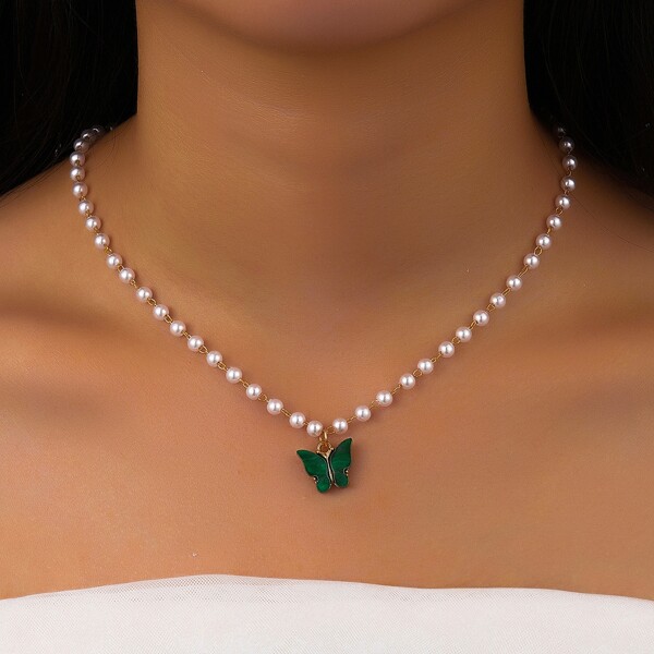 

Butterfly Charm Faux Pearl Beaded Necklace, Multicolor