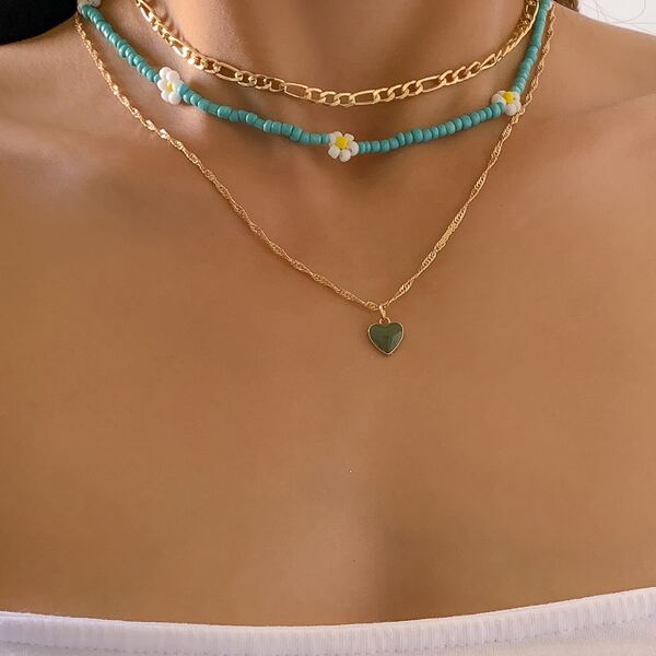 

3pcs Heart Charm Necklace, Multicolor