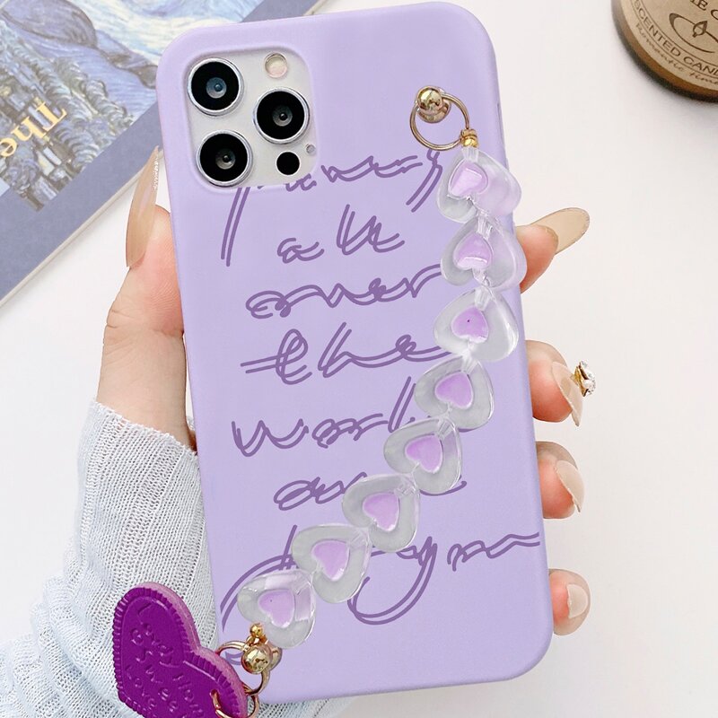 

Letter Graphic Phone Case With Heart Decor Hand Strap, Multicolor