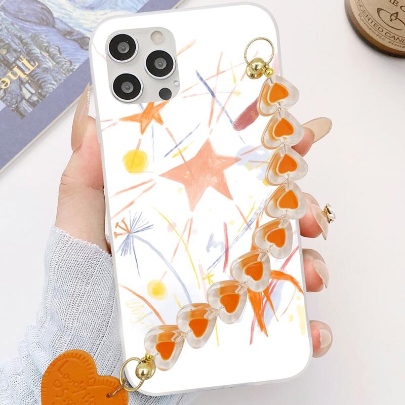 

Star Print Phone Case With Heart Decor Hand Strap, Multicolor