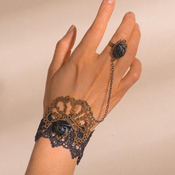 

Flower Decor Bracelet With Ring, Black