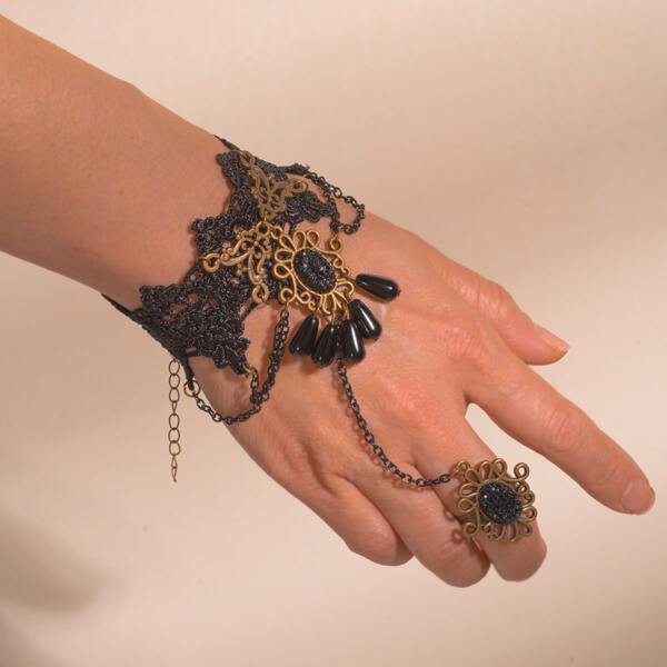 

Rhinestone Decor Bracelet With Ring, Black