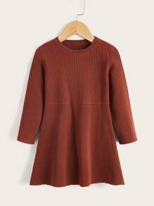 Niñas Vestido de punto unicolor tejido de canalé - Óxido marrón - Ver 1