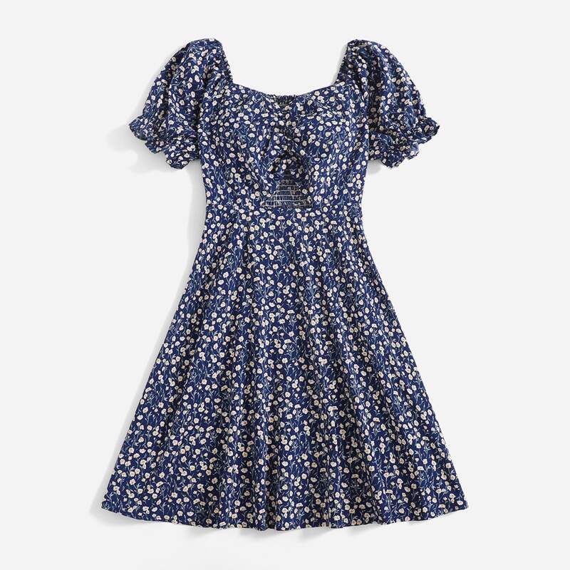 

Ditsy Floral Ruched Shirred Dress, Navy blue