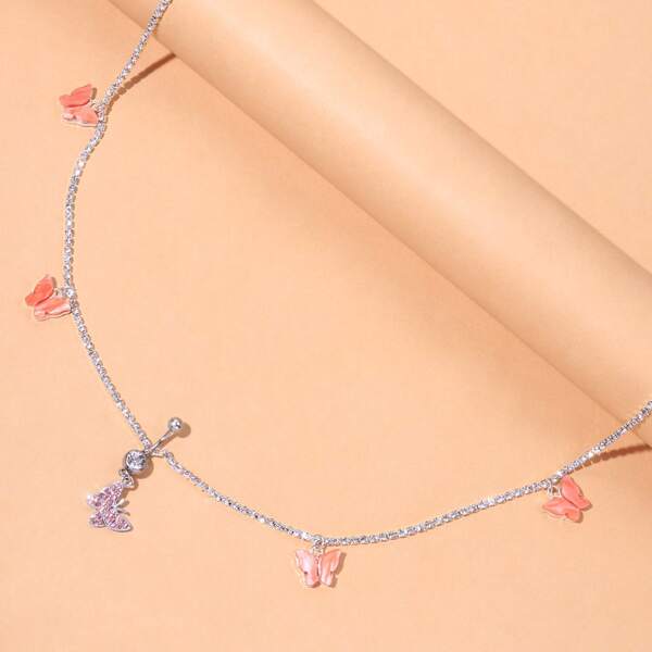 

Butterfly Charm Navel Belly Ring With Chain, Multicolor