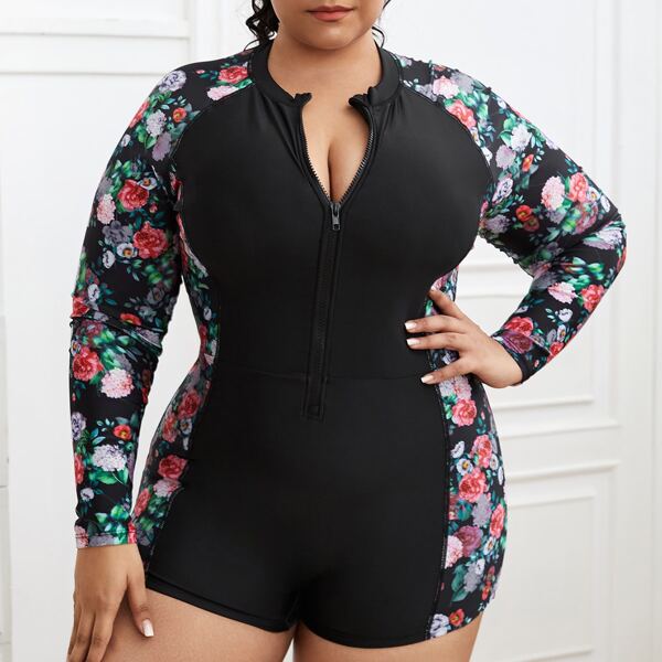 

Plus Floral Print Zipper Front One Piece Swimsuit, Black