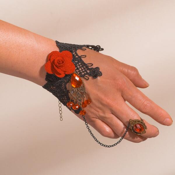 

Flower Decor Bracelet With Ring, Red