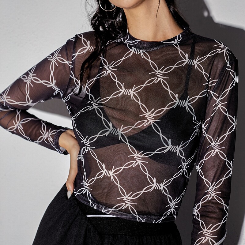 

Rope Graphic Mesh Crop Top, Black