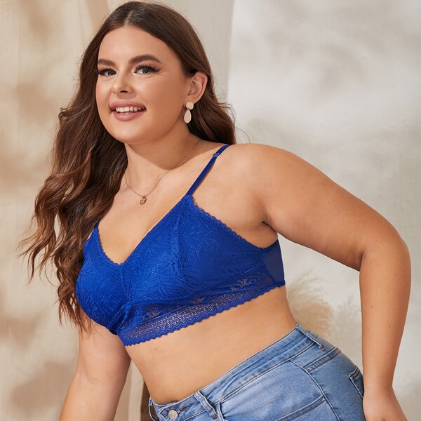 

Plus Solid Floral Lace Bralette, Royal blue