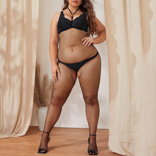 

Plus Hollow Out Fishnet Bodystocking Without Lingerie Set, Black