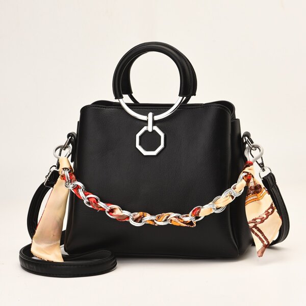 

Scarf & Chain Decor Satchel Bag, Black