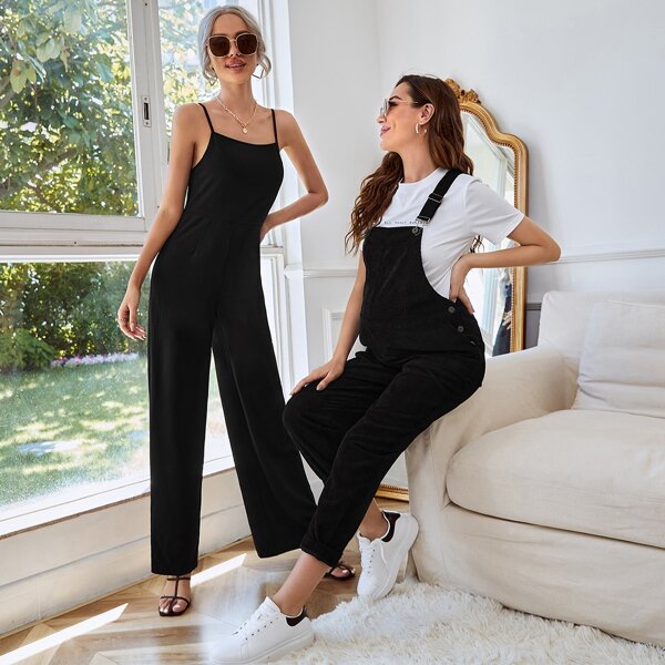 

1pc Solid Wide Leg Cami Jumpsuit, Black