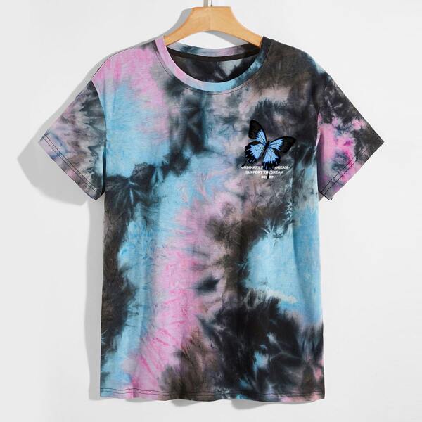 

Men Tie Dye Butterfly & Slogan Print Round Neck Tee, Multicolor