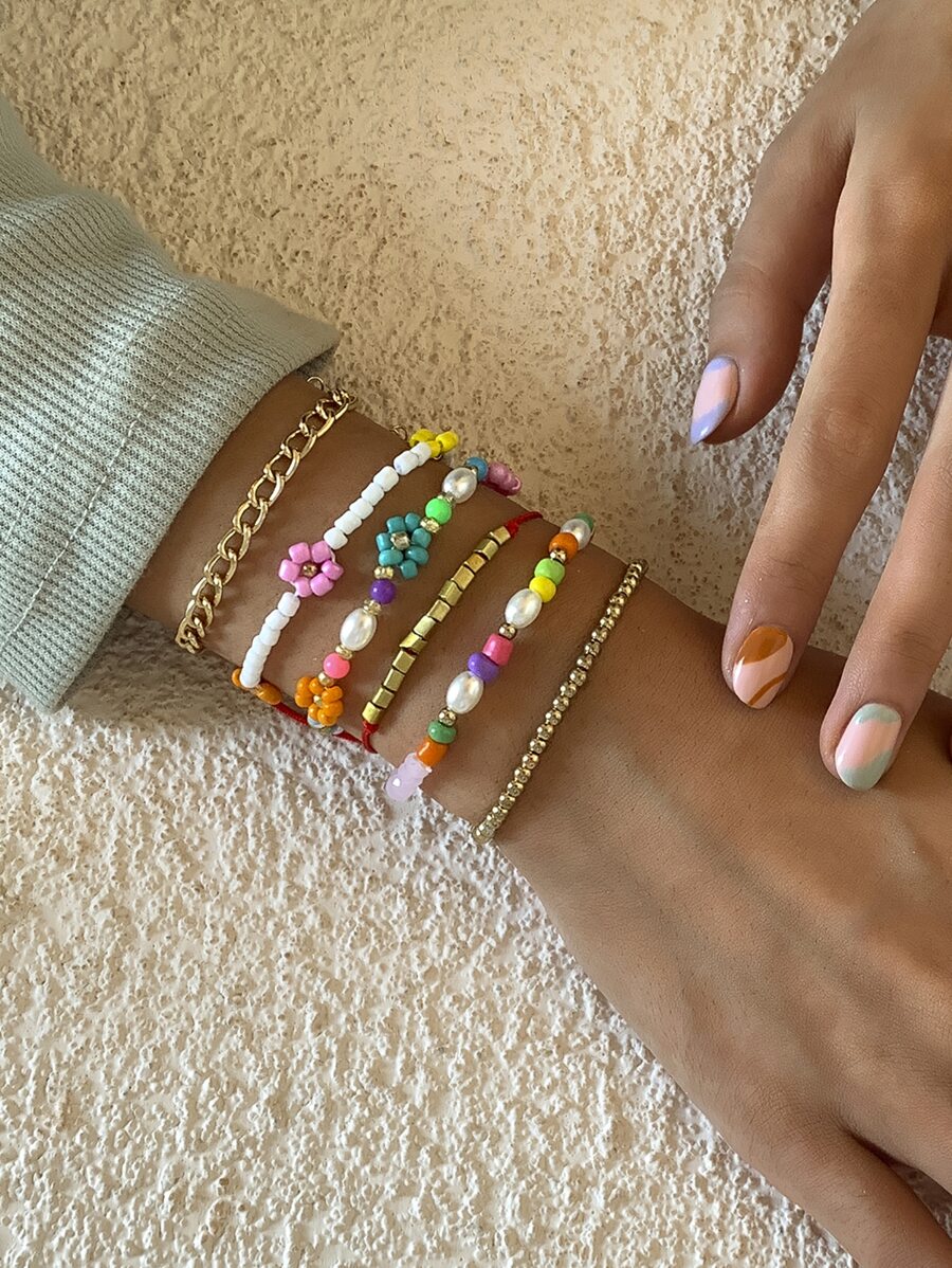 6pcs Flower Decor Beaded Bracelet - Multicolor - View 1