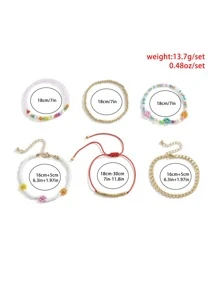 6pcs Flower Decor Beaded Bracelet - Multicolor - View 6