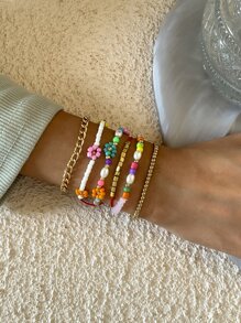 6pcs Flower Decor Beaded Bracelet - Multicolor - View 2