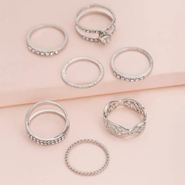 

7pcs Rhinestone Decor Ring, Silver