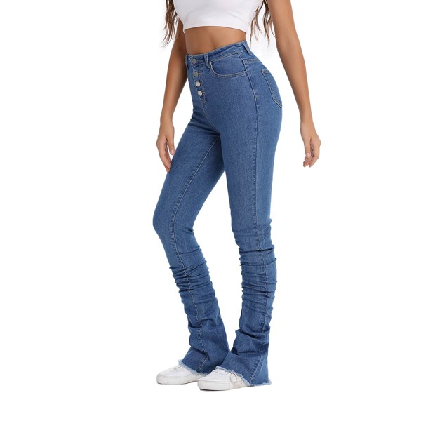

Button Front Raw Hem Ruched Skinny Jeans, Medium wash