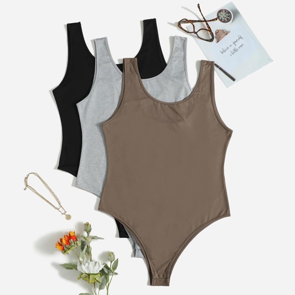 

Plus 3pcs Solid Tank Bodysuit, Multicolor