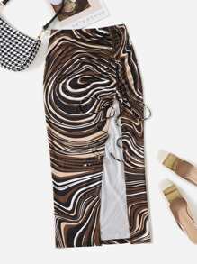 SHEIN EZwear Plus Allover Print Drawstring Front Split Thigh Skirt - Multicolor - View 1