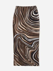 SHEIN EZwear Plus Allover Print Drawstring Front Split Thigh Skirt - Multicolor - View 2