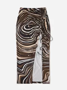 SHEIN EZwear Plus Allover Print Drawstring Front Split Thigh Skirt - Multicolor - View 3