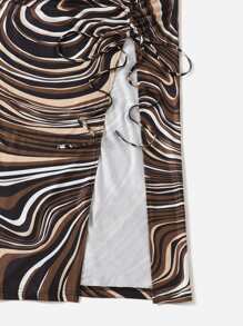 SHEIN EZwear Plus Allover Print Drawstring Front Split Thigh Skirt - Multicolor - View 5