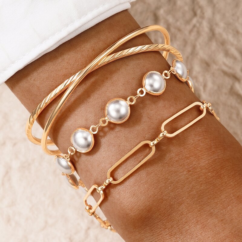 

3pcs Faux Pearl Decor Bracelet, Gold