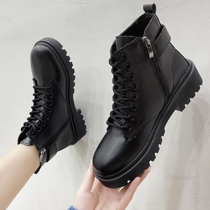 

Buckle Decor Lace-up Front Chunky Heeled Boots, Black